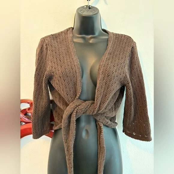 Christopher & Banks Brown Tie-Front Open Knit Casual Ramie & Cotton Cardigan - Picture 4 of 4